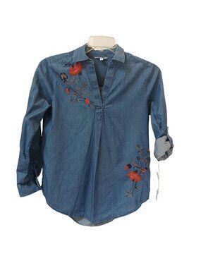 Sonoma Goods For Life Womens PS Chambray Embroidered Peplum Shirt  Blue NWT #D33